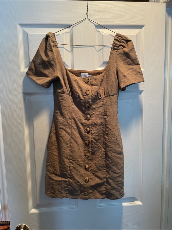 Polly Dresses & Skirts - Brown Button-Front Mini Dress with Puff Sleeves